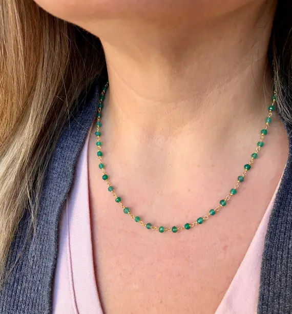 Green Onyx Necklace, Emerald Green Beaded Choker, May Birthstone, Green And Gold Rosary Style Chain, Minimalist Jewelry, Green Gift For Her