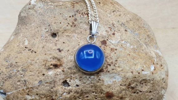 Hypoallergenic Small Blue Onyx Pendant. Minimalist Round Stainless Steel Necklace. December Birthstone Necklace. Reiki Jewelry Uk. Birthday