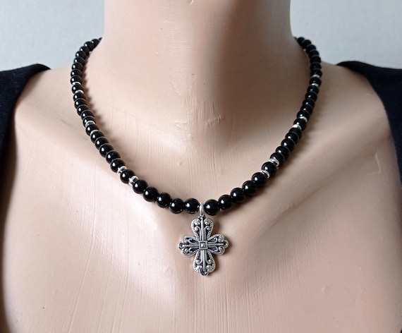 Unisex Necklace Black Onyx With Silver Cross Pendant