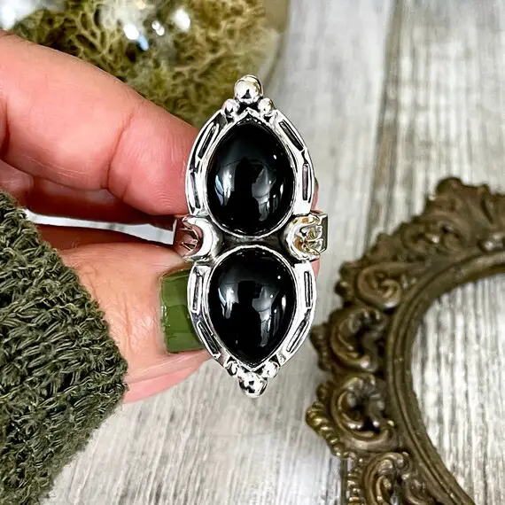 Mystic Moons Black Onyx Crystal Ring In Solid Sterling Silver- Designed By Foxlark Collection Size 6 7 8 9 10 / Gothic Jewelry Gemstone