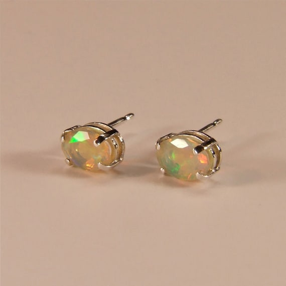 Opal Earrings 7mm X 5mm (genuine Ethiopian 'yita Ridge' Opals), 0.45 Carat (each), Oval Cut, Sterling Silver Opal Stud Earrings