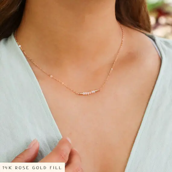 Pink Peruvian Opal Semi-precious Gemstone Beaded Bar Necklace. Tiny Gem Bead Necklace. Genuine Crystal October Birthstone Necklace Gift.
