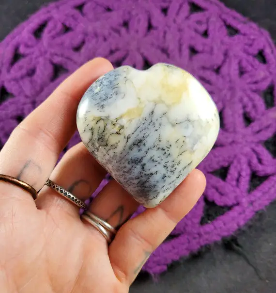 Dendritic Opal Heart Crystal Polished Stones Crystals Natural Yellow Grey Madagascar Heart Shaped Carving Dendrite