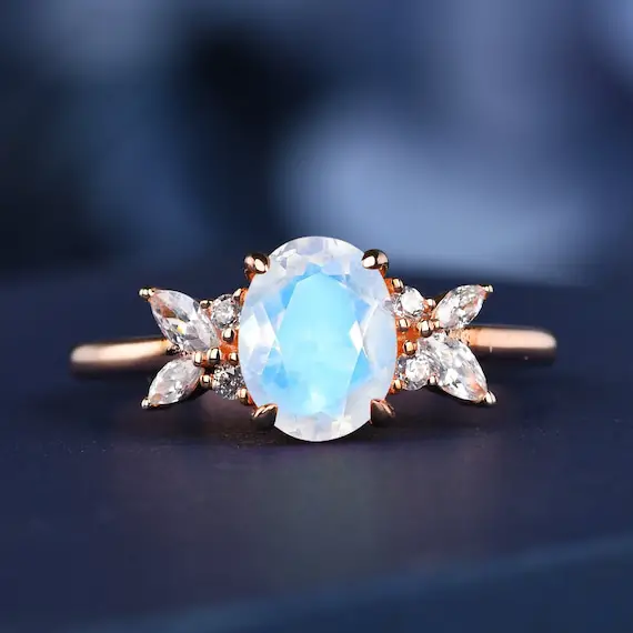 Oval Cut Moonstone Engagement Ring Rose Gold Butterfly Engagement Diamond Ring Flower Inspired Ring Prongs Set Art Deco Moissanite Ring