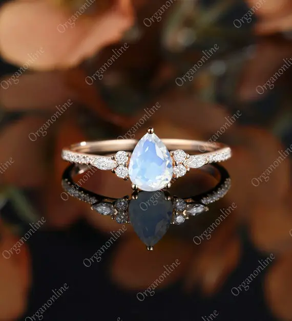 Pear Shaped Moonstone Engagement Ring Vintage Unique Cluster Rose Gold Moissanite Ring Women Marquise Cut Diamond Wedding Promise Gift