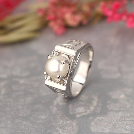 Pearl Engagement Band/genuine Pearl Wide Ring/antique Pearl Ring/wedding Pearl Ring For Him Her/pearl Signet Ring/bohemian Rin/classic Ring