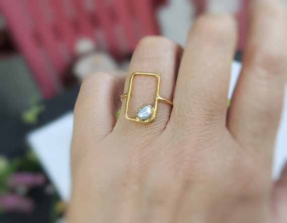 Freshwater Pearl Ring, Geometric Gold Pearl Ring, Unique Statement Ring, June Birthstone Ring, Square Stone Ring Keshi Pearl Engagement Ring