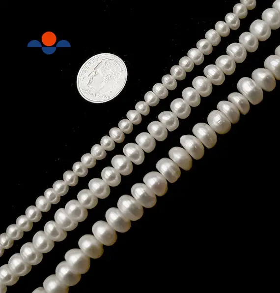 White Freshwater Pearl Rondelle Button Beads 3x5mm 4x6mm 5x7mm 5x8mm 15.5" Strand