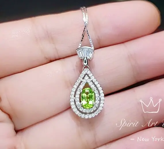 Genuine Peridot Necklace - Double Halo Sterling Silver Tiny Teardrop Natural  Peridot Jewelry #369