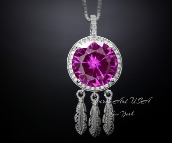 Pink Sapphire Necklace 18kgp @ Sterling Silver Dream Catcher Necklace - 6 Ct Round - Large Pink Sapphire Pendant - Dreamcatcher Pendant #771