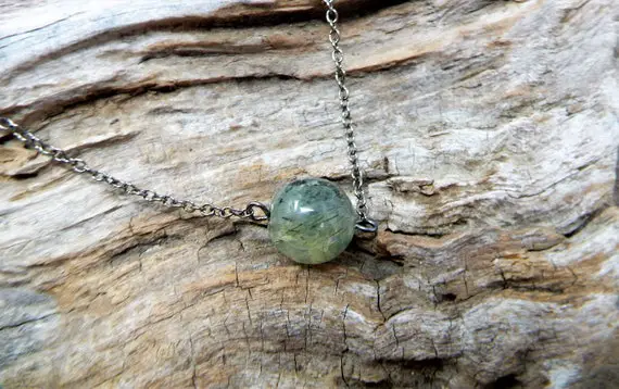 Prehnite Necklace, Prehnite Crystal Healing Jewelry, Light Green Gemstone, Men's Single Bead Minimalist Necklace, Black Chain Necklace