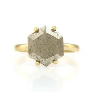 Shop Pyrite Rings! Hexagon Pyrite Ring · Natural Gemstone Ring · Gift For Her · Boho Ring Gold · Bohemian Ring | Natural genuine Pyrite rings, simple unique handcrafted gemstone rings. #rings #jewelry #shopping #gift #handmade #fashion #style #affiliate #ad