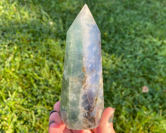 4.4" Dendritic Rainbow Fluorite Tower, Dendrites In Blue And Green Polished Fluorite Point #5