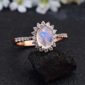 Rainbow Moonstone Ring, Halo Moonstone Engagement Ring, Moonstone Promise Ring, Antique Moonstone, Rose Gold Ring, Anniversary Gift For Her | Natural genuine Gemstone rings, simple unique alternative gemstone engagement rings. #rings #jewelry #bridal #wedding #jewelryaccessories #engagementrings #weddingideas #affiliate #ad