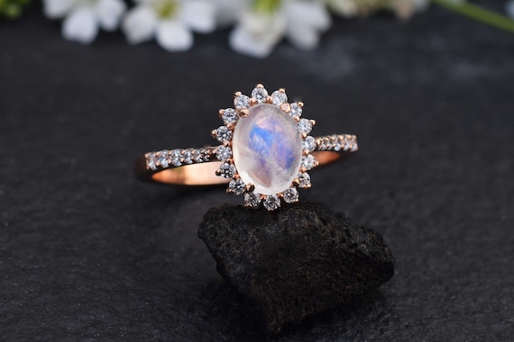 Rainbow Moonstone Ring, Halo Moonstone Engagement Ring, Moonstone Promise Ring, Antique Moonstone, Rose Gold Ring, Anniversary Gift For Her