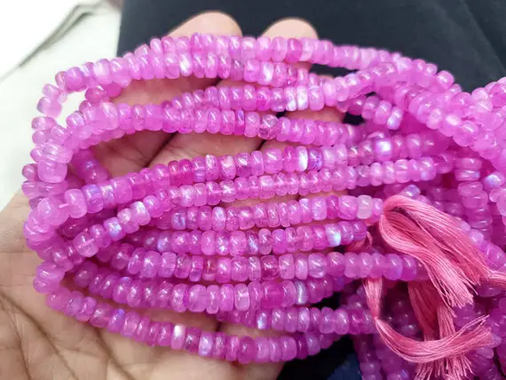 8 Inch Strand,dyed Pink Rainbow Moonstone Smooth Rondelles,size. 5.5-6mm