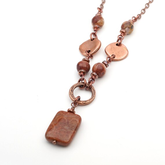 Rust Red Fossil Coral Necklace, Copper Tone Chain And Earthtones Birdseye Rhyolite Beads, 21 3/4 Inches Long