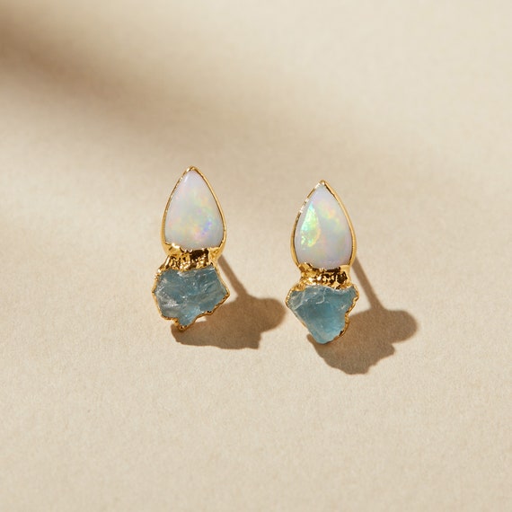 Raw Opal Earrings, Natural Australian Opal Jewelry, Opal Gemstone Studs, Natural Aquamarine Crystal Earrings, October Birthstone Earrings