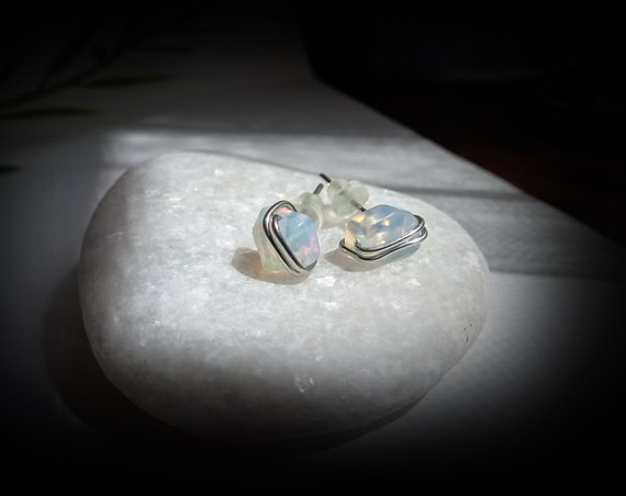 Raw Opal Earrings, Wire Wrapped Stud Earrings, Opal Earrings Stud, Silver /gold Post Earrings, Everyday Jewelry, October Birthstone Earrings