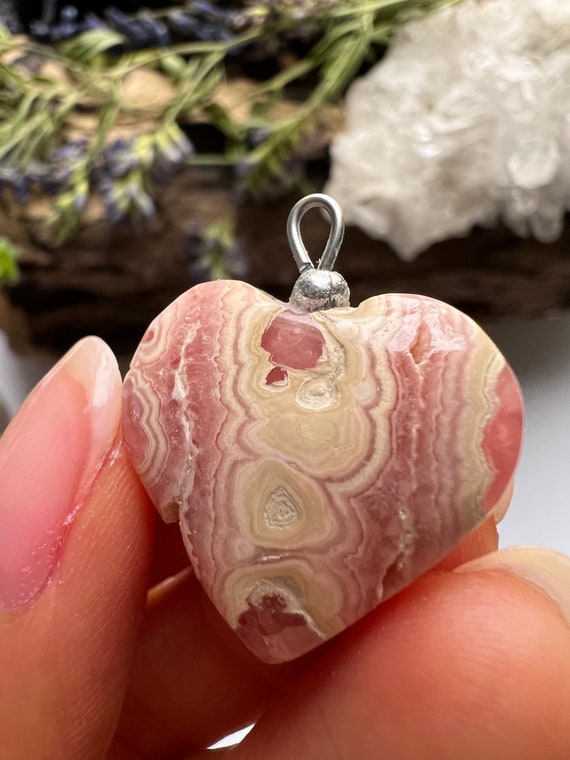 Polished Rhodochrosite Heart Pendent, Crystal Necklace Polished Rhodochrosite Heart Pendent, Crystal Necklace