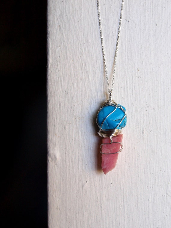 Large Turquoise Pendant Necklace - Raw Rhodochrosite - Pink Rhodochrosite Pendant Necklace - Genuine Turquoise Womans Jewelry For Her
