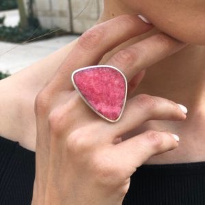 Shop Rhodochrosite Rings! Rhodochrosite Ring, Natural Rhodochrosite, Bohemian Ring, Flat Ring, Statement Ring, Summer Ring, Raspberry Pink Ring, Solid Silver Ring | Natural genuine Rhodochrosite rings, simple unique handcrafted gemstone rings. #rings #jewelry #shopping #gift #handmade #fashion #style #affiliate #ad