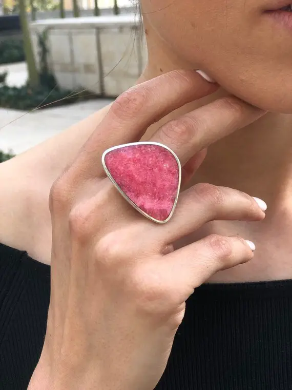 Rhodochrosite Ring, Natural Rhodochrosite, Bohemian Ring, Flat Ring, Statement Ring, Summer Ring, Raspberry Pink Ring, Solid Silver Ring