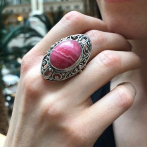 Shop Rhodochrosite Rings! Pink Vintage Ring, Natural Rhodochrosite, Statement Ring, Antique Ring, Massive Ring, Pink Ring, Unique Stone Ring, Sterling Silver Ring | Natural genuine Rhodochrosite rings, simple unique handcrafted gemstone rings. #rings #jewelry #shopping #gift #handmade #fashion #style #affiliate #ad