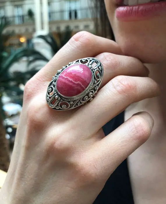 Pink Vintage Ring, Natural Rhodochrosite, Statement Ring, Antique Ring, Massive Ring, Pink Ring, Unique Stone Ring, Sterling Silver Ring