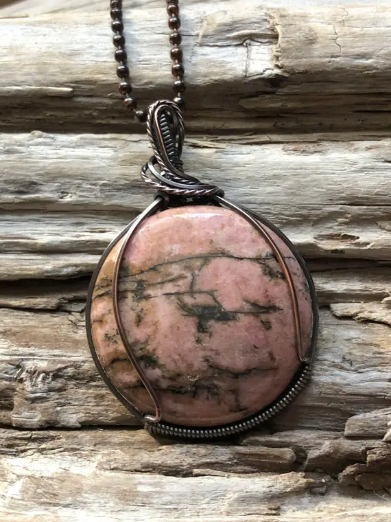 Rhodonite Pendant Necklace, Rhodonite And Copper Necklace, Pink Pendant, Copper Jewelry