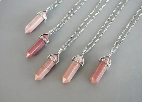 Rhodonite Necklace Rhodonite Pendant Long Bullet Necklace Silver Pendant Necklace Men Women Necklaces Jewelry Energy Crystals Point Pendant
