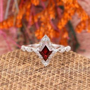 Rhombus Cut 6x9mm Garnet Wedding Ring, Unique Vintage Ring, White Gold Ring For Women, Red Garnet Engagement Ring,Half Eternity Promise Ring | Natural genuine Array jewelry. Buy handcrafted artisan wedding jewelry.  Unique handmade bridal jewelry gift ideas. #jewelry #beadedjewelry #gift #crystaljewelry #shopping #handmadejewelry #wedding #bridal #jewelry #affiliate #ad