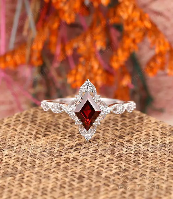 Rhombus Cut 6x9mm Garnet Wedding Ring, Unique Vintage Ring, White Gold Ring For Women, Red Garnet Engagement Ring,half Eternity Promise Ring
