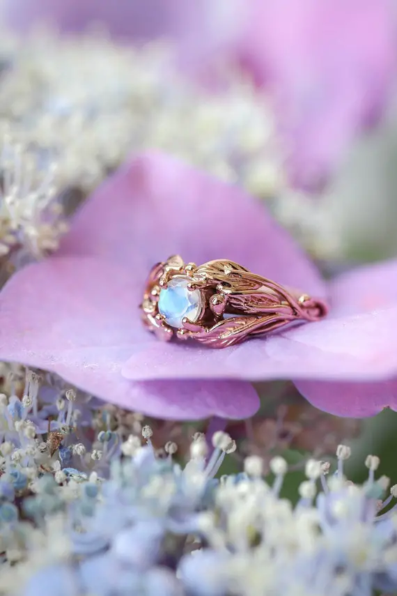 Rose Gold Moonstone Engagement Ring, Leaves Ring, Unique Proposal Ring, Leaves Ring For Woman, Nature Inspired Ring, Rainbow Moonstone Ring