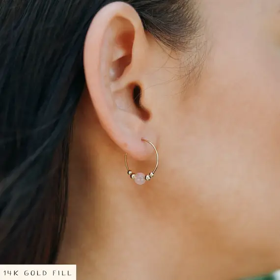 Tiny Dainty Rose Quartz Bead Huggie Hoop Earrings - Elegant Genuine Gemstone Hoops For Her - Birthday Or Bridesmaid Gift For Spiritual Women