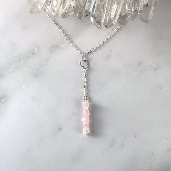 Pink Rose Quartz Necklace, Y-shaped Lariat Style Necklace With Aaa++ Genuine Raw Rose Quartz Crystals, Self Love Jewelry, Fertility Necklace