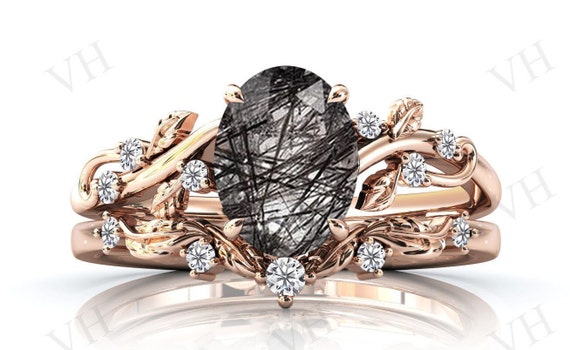 Unique Black Rutile Quartz Engagement Ring Set 2 Pcs Art Deco Leaf Wedding Ring Set Antique Bridal Anniversary Ring Set Vintage Promise Ring