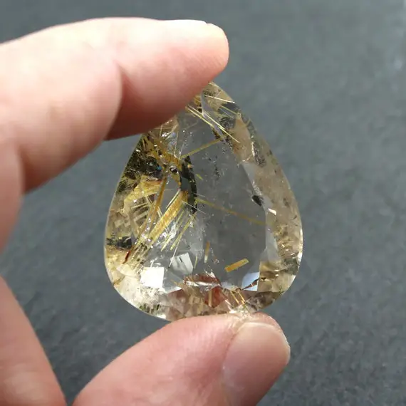 Golden Rutile Quartz Faceted Loose Gemstone 54.65ct Yellow Rutilated Quartz Natural Loose Quartz Stone Pear Cut 30x25mm