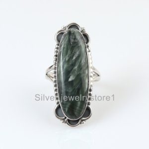Shop Seraphinite Rings! Natural Seraphinite Ring , Gemstone Ring, 925 Solid Sterling Ring, Long Oval Ring,  Women's Ring,10×30 mm Oval Ring , Gift Idea | Natural genuine Seraphinite rings, simple unique handcrafted gemstone rings. #rings #jewelry #shopping #gift #handmade #fashion #style #affiliate #ad