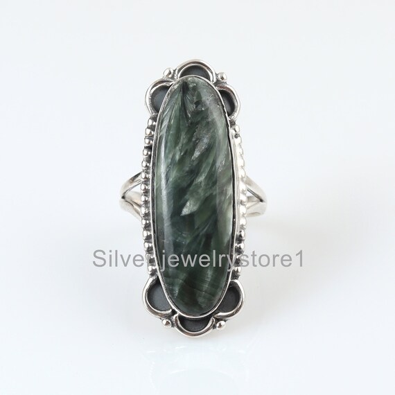 Natural Seraphinite Ring , Gemstone Ring, 925 Solid Sterling Ring, Long Oval Ring,  Women's Ring,10x30 Mm Oval Ring , Gift Idea
