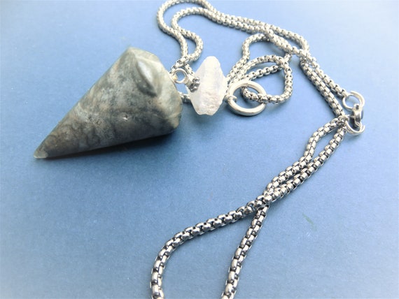 Serpentine Pendulum Pendant, Raw Quartz Bead, Vintage Sterling Chain