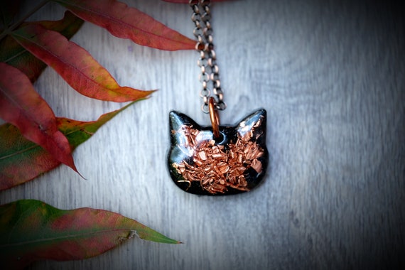 Elite Noble Shungite + Copper Orgonite 0.75'' Kitty Cat Head Pendant Rose Gold Chain Or Black Cotton Cord Anti-emf Necklace Orgone Energy