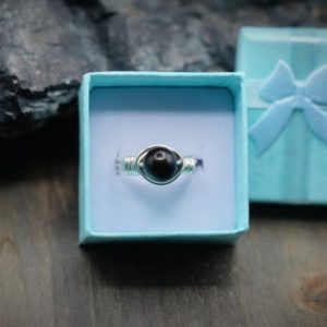 Shop Shungite Rings! Petrovsky Shungite 8mm Silver Plate 20 Gauge Wire Wrapped Ring | Natural genuine Shungite rings, simple unique handcrafted gemstone rings. #rings #jewelry #shopping #gift #handmade #fashion #style #affiliate #ad
