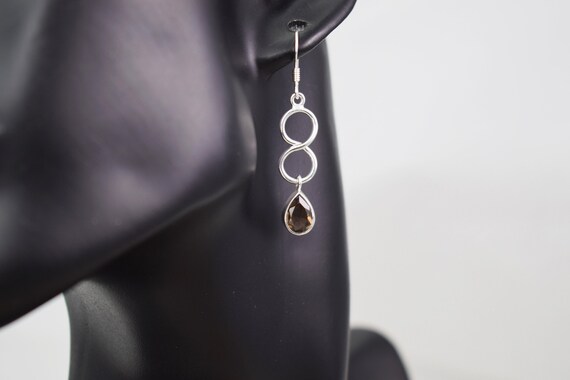 Smoky Quartz Infinity Drop Earrings - 9x6 Mm Pear / Teardrop Stones - Sterling Silver