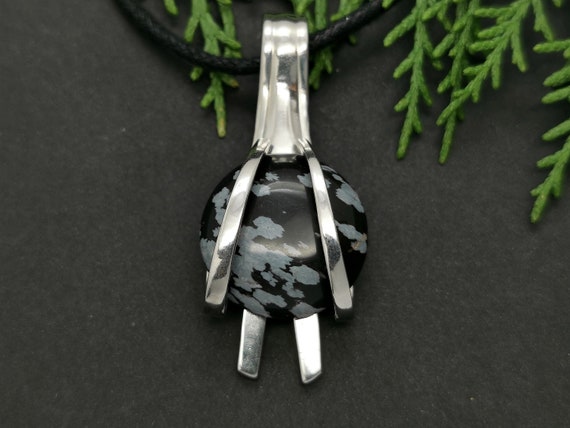 Snowflake Obsidian Necklace, Handmade Jewelry For Men, Black Gemstone Necklace, Fork Pendant, Unique Gifts For Men, One Of A Kind