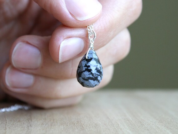 Snowflake Obsidian Necklace For Women . Grey And Black Gemstone Necklace In Sterling Silver . Teardrop Necklace