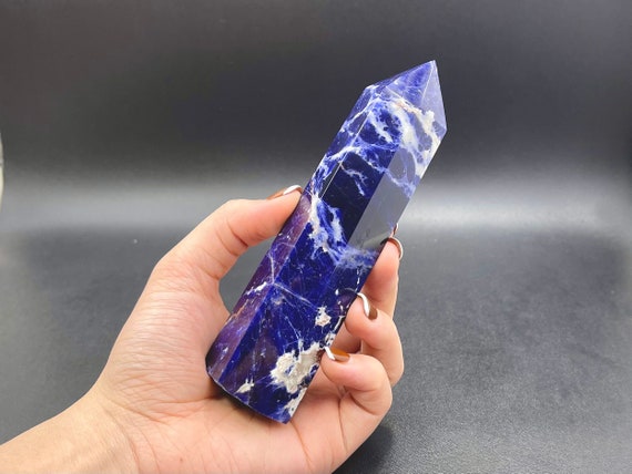 5.1" Blue Sodalite Crystal Tower Point Large Crystal Sodalite Wand Obelisk Self-standing Point  Mineral Specimen Healing Display Cd-08