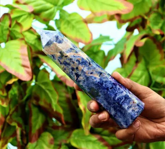 Blue Sodalite Crystal Spiritual Obelisk - 205mm Healing Energy Tower, 8 Faceted Chakra Meditation Tool, Unique Metaphysical Gift