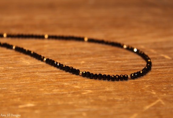 Black Spinel Necklace, Gold Filled Beads, Black Spinel Jewelry, Sterling Silver, Minimalist, Beaded, Layering Necklace