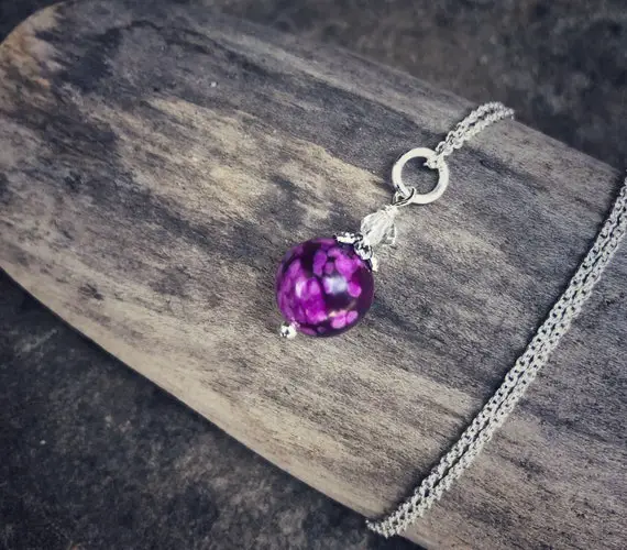 Dainty Sugilite Gemstone Necklace, Fuchia Stone Necklace,  Pink Crystal Energy Healing Jewelry,  Pink Stone With Sterling Stersilver Chain